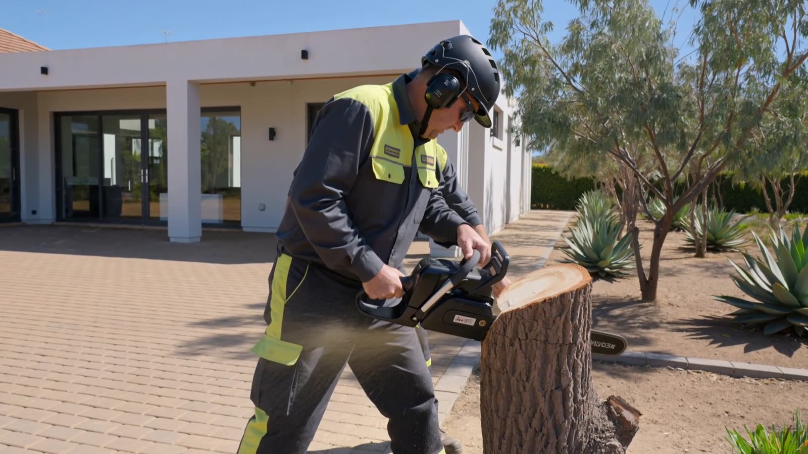 Tree feller in a helmet and protective clothing cutting a tree trunk down with a chainsaw beside a house
